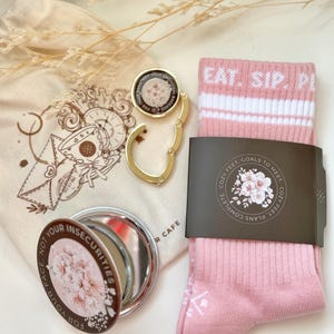 Gorgeous Girl Gift Set – Floral Mirror, Bag Hook & Pink Socks | Self-Care Stationery Bundle | Treatbox 2nd Edition Ala Carte | Unique Gifts