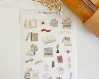 Book Themed Sticker Sheets | Vintage Retro Themed Booktok Stickers | N65 Washi Paper Transparent Matte | Minimalist Deco for Journals | UK