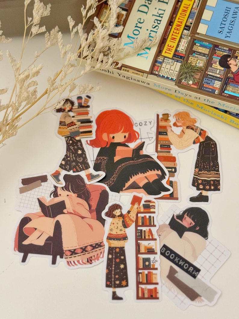 May include: A set of six illustrated stickers featuring women reading books. The stickers are colorful and feature a variety of scenes, including a woman reading in a cozy armchair, a woman reading in a library, and a woman reading in a bookstore. The stickers are perfect for adding a touch of whimsy to your planner, laptop, or water bottle.
