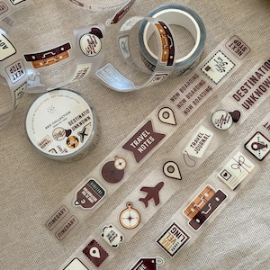 Puede incluir: Un rollo de cinta PET transparente con gráficos de temática viajera en tonos marrón, crema y negro. Los diseños incluyen maletas, brújulas, aviones, marcadores de ubicación y textos como "Travel Notes", "Today's Adventure" y "Destination Unknown".