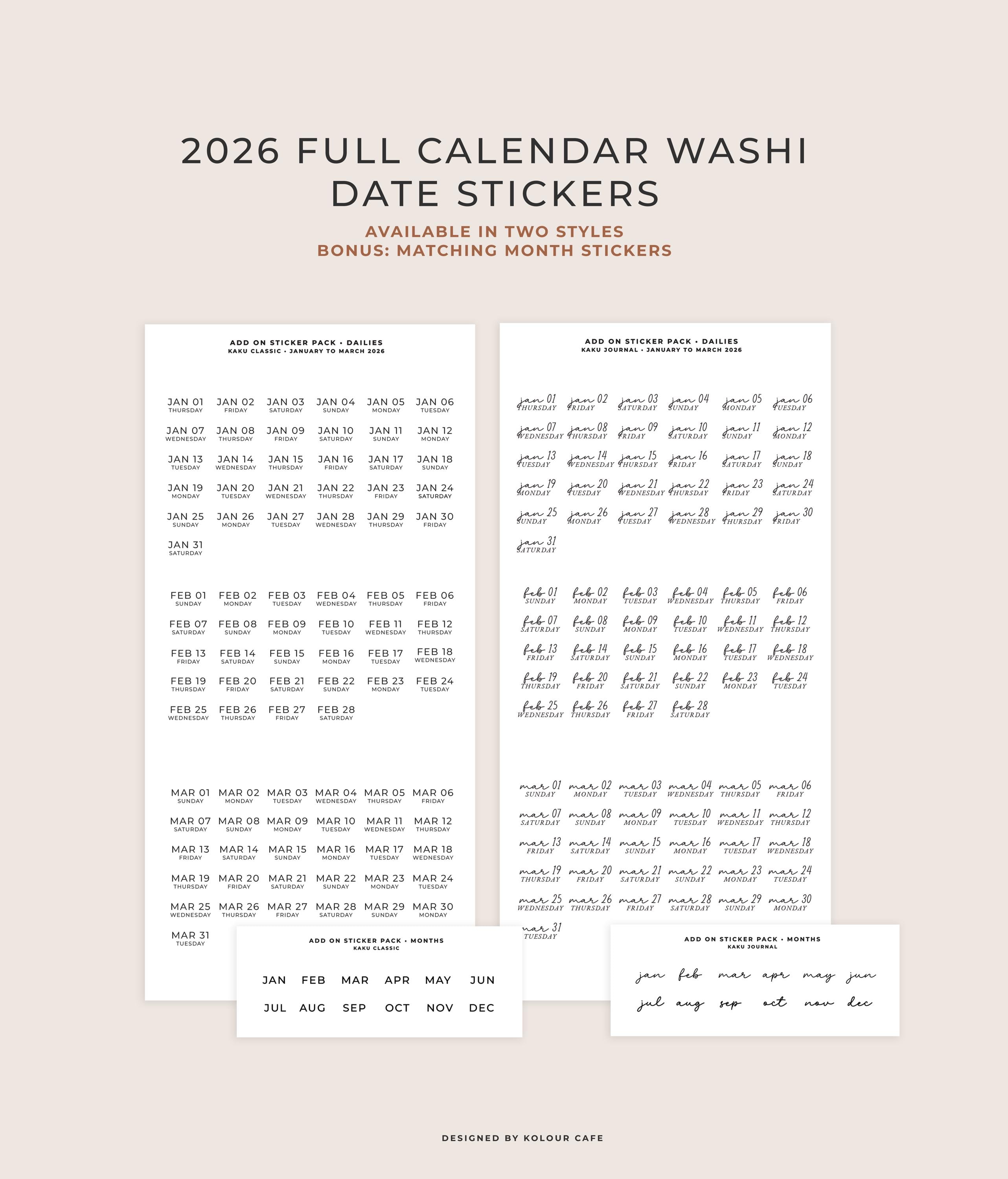 2026 Date Stickers | Fits KAKU Book Daily Pages | Washi Date Stickers ...