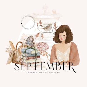 Pode incluir: Uma ilustração digital para uma assinatura mensal de kit de adesivos de setembro com uma pessoa escrevendo em um caderno, uma pilha de livros, uma borboleta, um pássaro em um galho, uma fonte e uma cesta com uma baguete. Texto: CHAPTER 09, 2026 MONTHLY STICKER KIT SUBSCRIPTION, SEPTEMBER, FOILED MONTHLY SUBSCRIPTION KIT, KOLOUR CAFE.