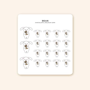 May include: A sticker sheet with multiple cartoon bunny stickers. Each bunny is white with black outlines and holds a brown object. The text "BEAN CHOCOLATE | KOLOUR CAFE" is at the top of the sheet.