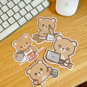 Cute Bear Stickers | Cartoon Teddy Bear Character Waterproof Transparent Matte Die Cut Stickers | Kawai Decal Stickers