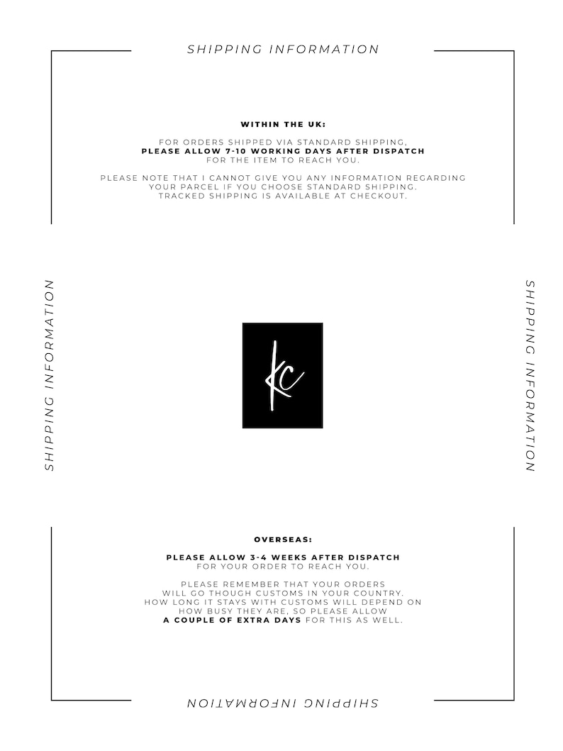 May include: Shipping information for orders within the UK and overseas. Orders shipped within the UK via standard shipping take 7-10 working days after dispatch. Overseas orders take 3-4 weeks after dispatch.