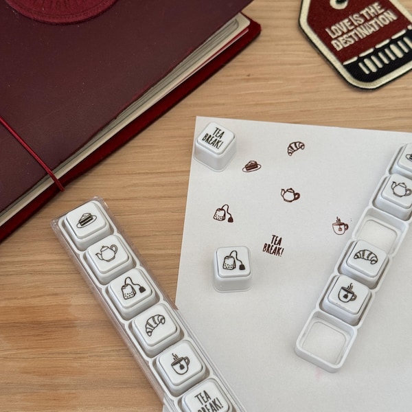 Miniaturowe stemple guzikowe | Motyw herbaciany | Seria kawiarniana | Samotuszujące stemple Pochitto Push Button Journal do dzienników Bullet Journal i planerów