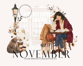 Abbonamento mensile all'agenda / Kit di cancelleria di novembre 2026 / Set di adesivi per journaling autunnale e junk journaling/scrapbook