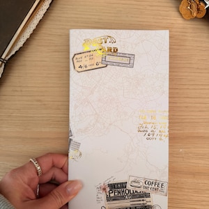 May include: A cream-colored journal with a map design and various decorative stickers. The stickers include the word "POSTCARD" in gold foil, along with other text and graphics. The journal is held by a hand with a ring.