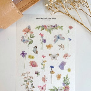 Adesivi con farfalle e fiori / Fogli adesivi decorativi ad acquerello / Carta Washi N43 trasparente opaca / Decorazione minimalista per diari / Regno Unito