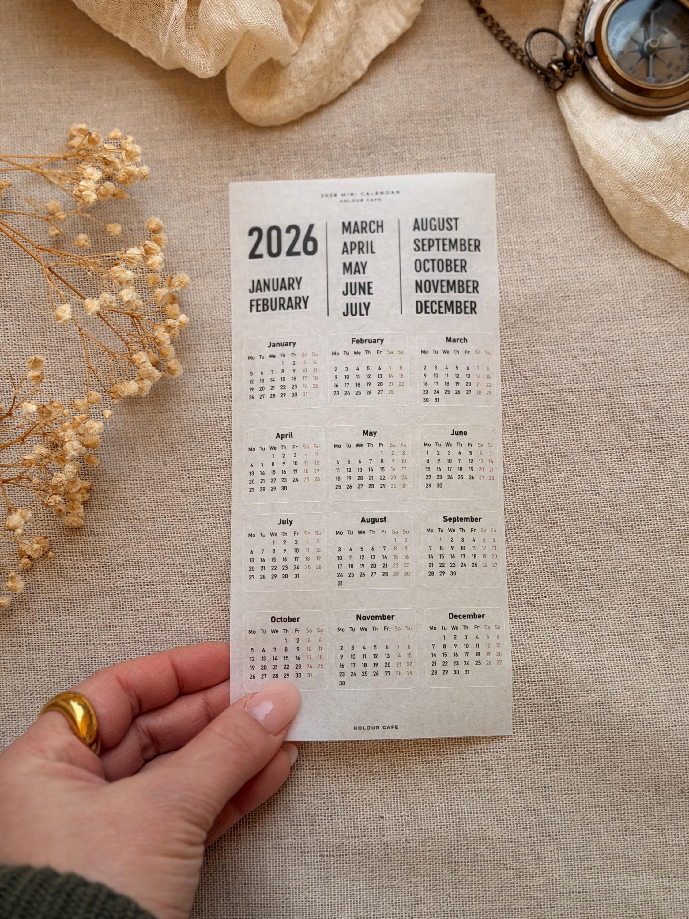 2026 Mini Calendar Washi Sticker Sheet | Stickers for Journals ...