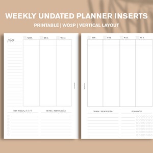 May include: A printable weekly planner insert with a vertical layout. The planner has sections for Monday through Sunday, as well as sections for "This Week", "Home", "Work", and "Stuff on Track".