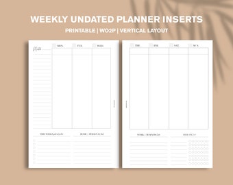 DRUCKBARE Weekly Vertical Planner Inserts | A5 Undatierte Wocheneinlagen | Vertikale Version | Week On Two Pages Planer | WO2P