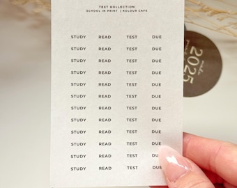 May include: A sheet of white stickers with the words "STUDY", "READ", "TEST", and "DUE" repeated multiple times. The stickers are designed for school or office use.