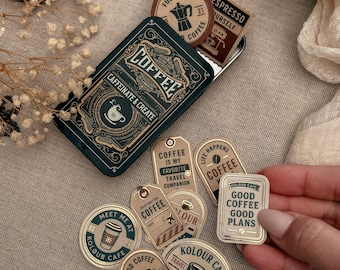 Coffee Tin and Sticker Set | 10 Mini Diecut Stickers | Vintage Labels | Waterproof Vinyl | Sticker Storage