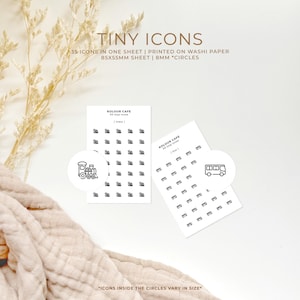 May include: Two sheets of washi paper with 35 tiny icons printed on them. The icons are in circles and are 8 mm in diameter. The sheets are 8.5 cm by 5.5 cm. The icons include a train and a bus.