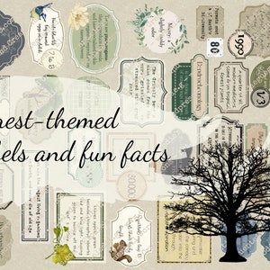 Labels met bosthema: voor junkjournaling, scrapbooking, bulletjournals, kaarten en knutselen! Digitale kit voor ongewenste dagboeken