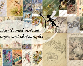 May include: A collage of vintage images and photographs featuring fairies, butterflies, and flowers. The images are in various styles and colors, including black and white, sepia, and color. The text "Fairy-themed vintage images and photographs" is superimposed on the collage.