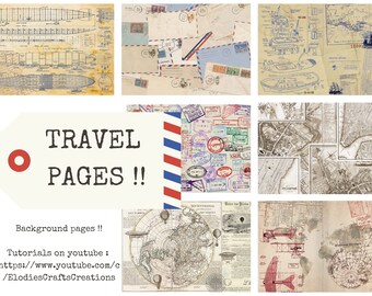 May include: A collage of vintage travel-themed images, including maps, airship diagrams, vintage envelopes, and postage stamps. The text "TRAVEL PAGES!!" is in the center of the image. The text "Background pages!!" is below the title. The text "Tutorials on youtube: https://www.youtube.com/c/ElodiesCraftsCreations" is at the bottom of the image.