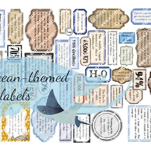 Labels met oceaanthema: voor junkjournaling, scrapbooking, kaarten en knutselen! Digitale kit voor ongewenste dagboeken