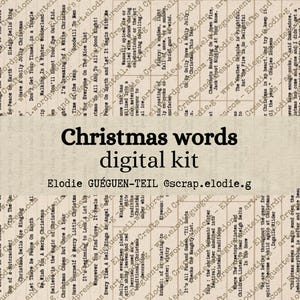 Könnte beinhalten: Ein digitales Kit mit den Worten "Christmas words" in fetter Schrift, vor einem Hintergrund aus einer alten Zeitung. Der Text "digital kit" steht unter dem Titel, mit dem Namen des Erstellers und seinem Social-Media-Handle unten.