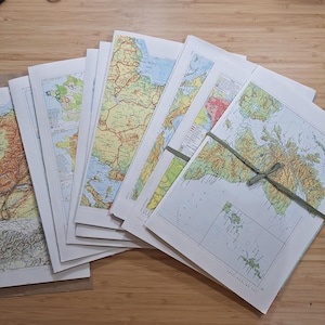 Vintage atlaskaarten en ephemera-pakket met pagina's met reisboeken voor scrapbooking, reispagina's voor junkjournals