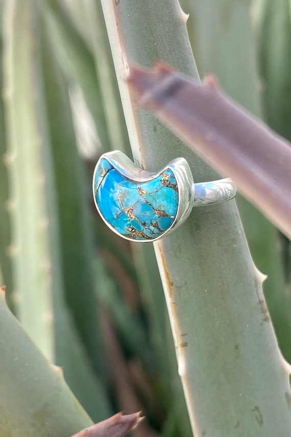 Sterling Silver and Turquoise Crescent Moon Ring - image 1