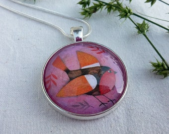 Little bird pendant, handmade illustrated jewel