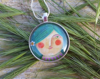 Small face pendant, handmade illustrated jewel