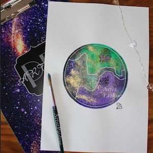 Planet Watercolor / Original A4 / Watercolor Original Picture / green, purple & gold