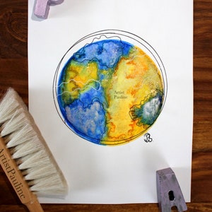 Planet Watercolor / Original A4 / Watercolor Original Picture / blue, yellow & gold | ArtistPauline