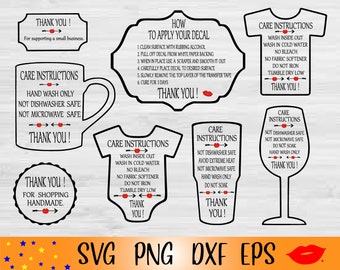 May include: A set of 6 black and white SVG cut files for a mug, t-shirt, onesie, wine glass, and two different thank you circles. The text on the files includes "Care Instructions" and "Thank You!" with arrows and red lips.