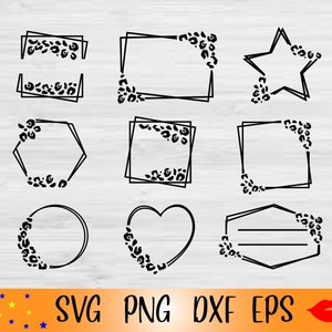May include: Set of nine black and white leopard print frames in various shapes, including a circle, heart, square, rectangle, star, and hexagon.