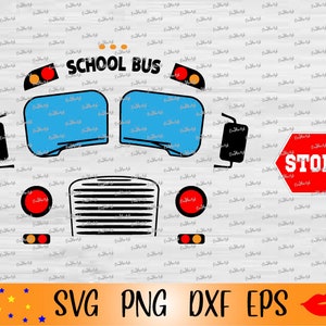 May include: A white school bus with blue windows and a red stop sign. The bus has the words "SCHOOL BUS" printed on the front.