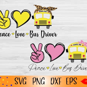 Op de afbeelding: Vredes-, liefdes- en buschauffeursontwerp met een gele schoolbus, een vredesteken en een hart. Het ontwerp wordt herhaald met een roze hart en een vredesteken.