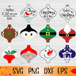 May include: Set of ten Christmas ornament SVG cut files featuring various designs, including a gingerbread man, penguin, elf, snowman, nativity scene, and more. The ornaments are in a traditional Moroccan tile shape.
