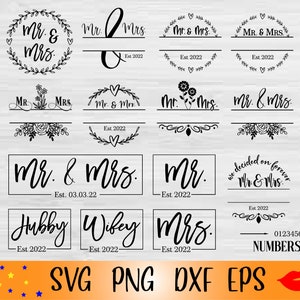 Mr e Mrs con lettere a mano Monogram bundle SVG-Mr & Mrs monogramma diviso 2022 PNG-Hubbu e Wifey est 2022- matrimonio download digitale in formato SVG