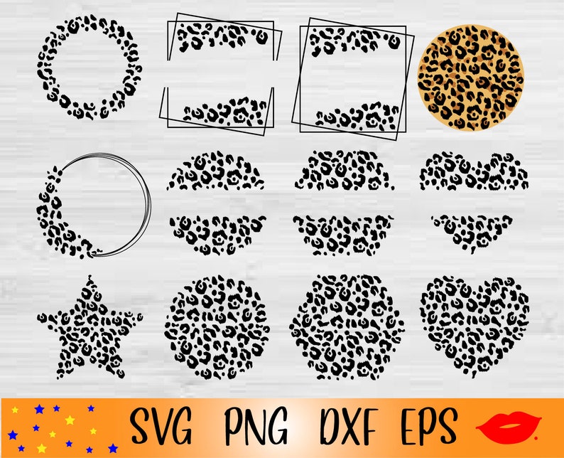 May include: A set of 10 black and white leopard print SVG cut files. The designs include a circle, a heart, a star, a square, and a rectangle. The files are perfect for creating custom crafts, home decor, and more.