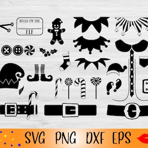 Puede incluir: Archivos de corte SVG en blanco y negro para un elfo de Navidad. El diseño incluye un sombrero, botas, un cinturón, bastones de caramelo, un letrero que dice "Hello I'm the Elf" y otros elementos festivos.