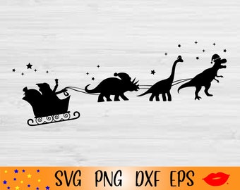 May include: Black silhouette of a sleigh pulled by three dinosaurs wearing Santa hats. The sleigh is filled with presents and the dinosaurs are wearing Santa hats. The image is set against a white background with stars.