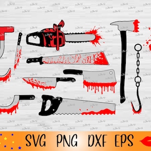 May include: A set of nine Halloween-themed SVG cut files featuring various bloody weapons, including a hook, a knife, a saw, an axe, a cleaver, a butcher knife, a machete, a chain, and a baseball bat with the text "Good Night".