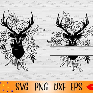 Kwiatowy jeleń rozdzielony monogram Svg-Kwiatowy jeleń DIY żelazko na-Boho Deer Svg-Plik do cięcia głowy jelenia-Pliki łowieckie Svg dla Cricut-dla Silhouette Cameo