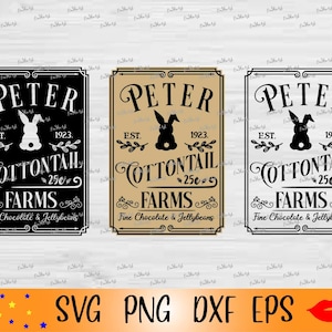 May include: Three black and white sign designs for a farm called "Peter Cottontail Farms" established in 1923. The signs feature a bunny rabbit and the text "Fine Chocolate & Jellybeans".