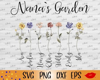 May include: A digital design featuring a floral arrangement with the text "Nana's Garden" at the top. The flowers are in a row with names written below each flower: Ava, Amelia, Harry, Oliver, Willy, Emily, and Bella.