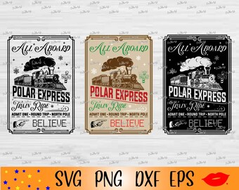 May include: Three vintage-style ticket designs for the Polar Express train ride. Each design features a black and white illustration of a train with the text "All Aboard" and "Polar Express Train Ride" in a red, green, and black color scheme. The text "Admit One - Round Trip - North Pole" and "Believe" are also included in each design.