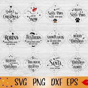 May include: A set of 12 Christmas-themed SVG cut files featuring various designs with text such as "Santa Paws", "Let It Snow", "Robins", "Feathers", "Snowflakes", "Merry Christmas", "This House Believes", and "The Joy of Christmas is Family".