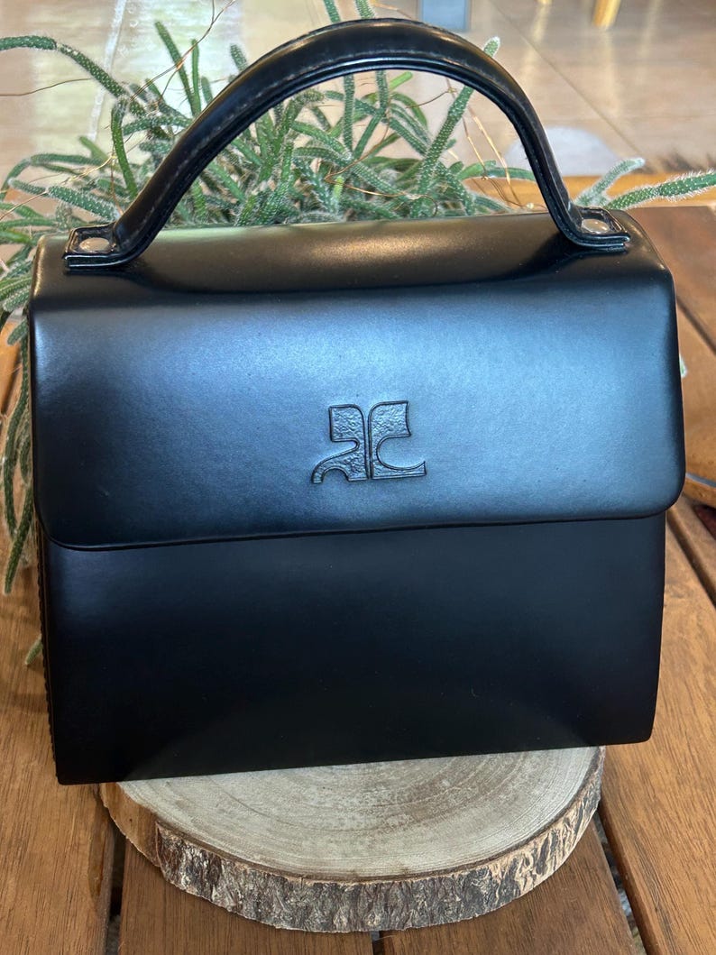 Vintage Courrèges Parfums Paris Black Handbag – 1980s Minimalist Structured Bag image 2