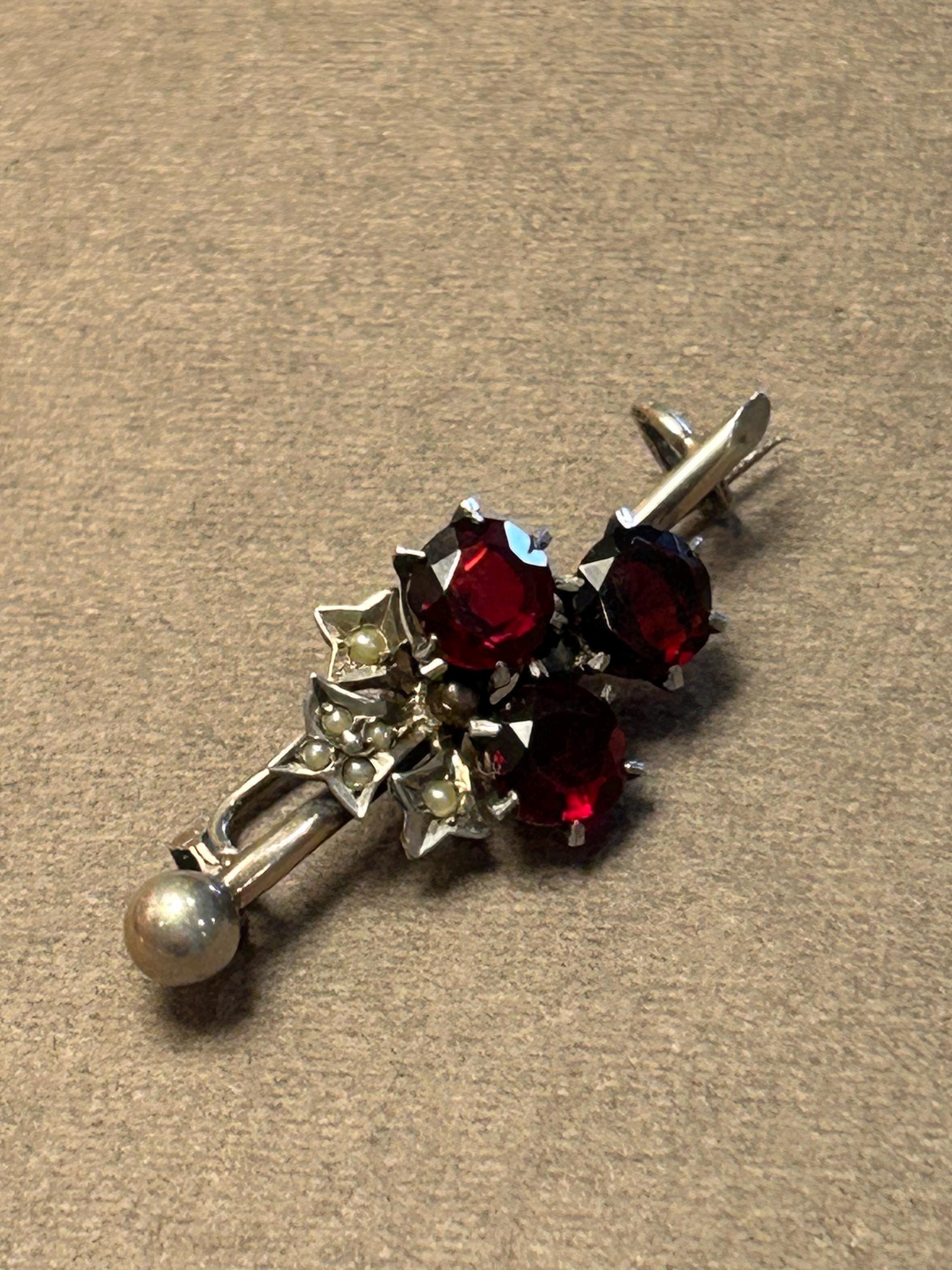 Broche Ancienne En Argent Massif Vermeil 900/1000 Avec Grenats - Style Baroque