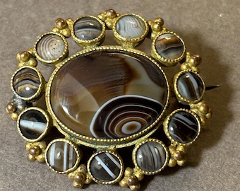 Antique Scottish Agate Brooch | Victorian Mourning Jewelry | Banded Agate Pin in Ornate Brass Setting | Circa 1880s
