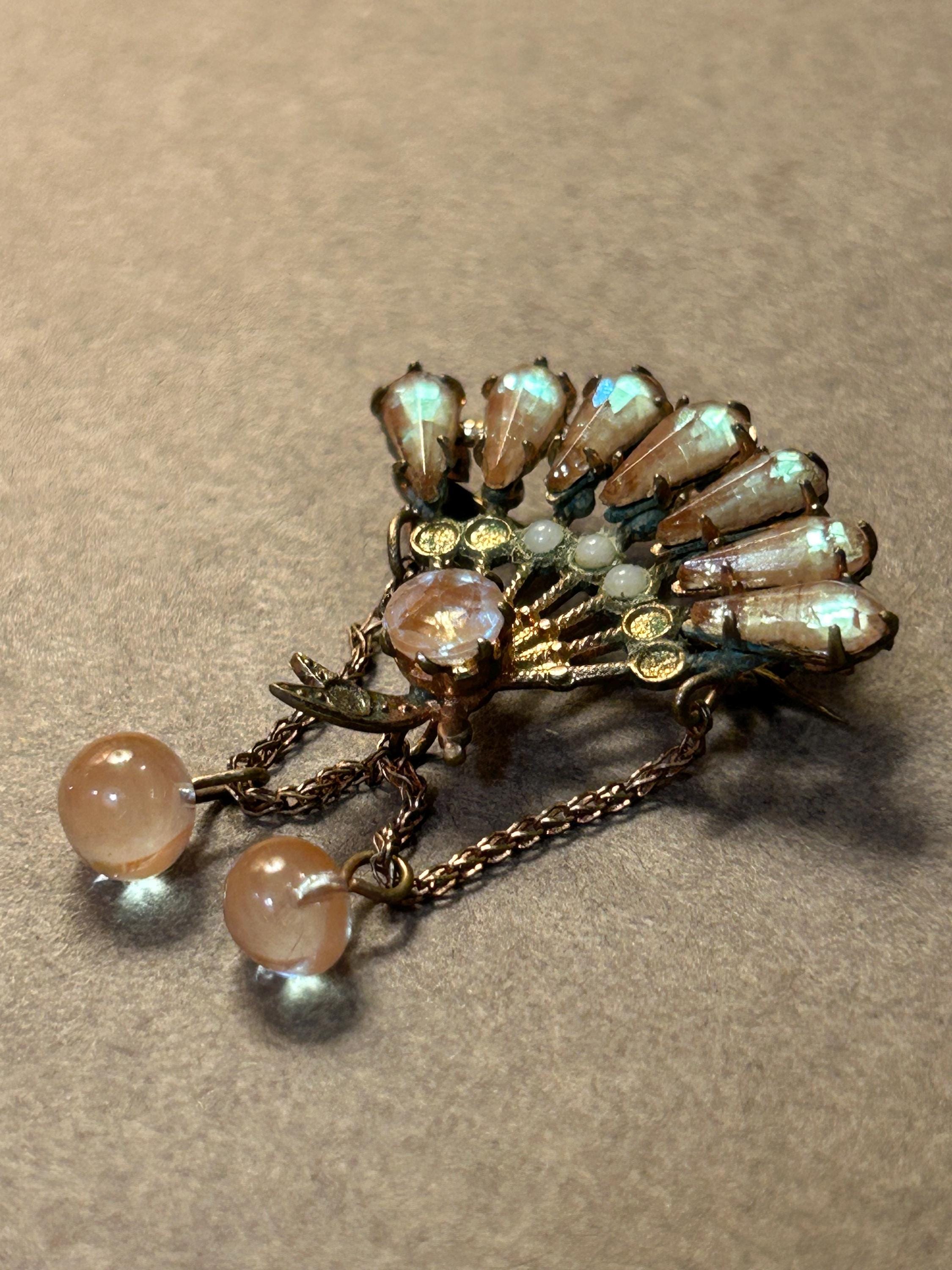 Broche Vintage En Verre Et Laiton Des Années 80 - Bijou Rétro Or Et Verre
