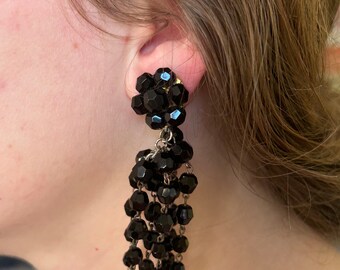Boucles D'oreilles Vintage Années 50 - Perles Verre Noir Doré, Clips Alliage